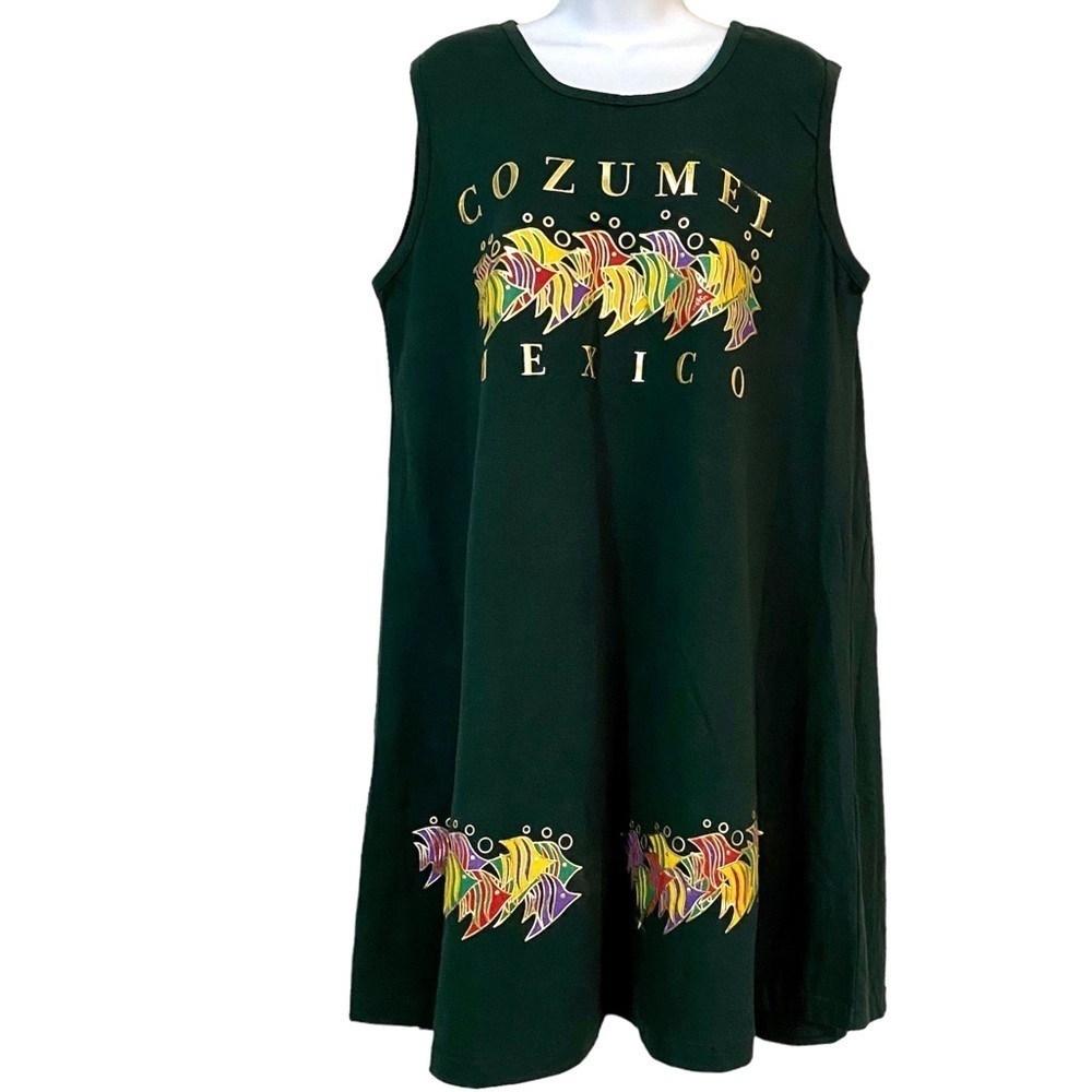 Dark Green Artsy Cozumel Mexico Graphic Sleeveless Tank  Dress Large Resortwear